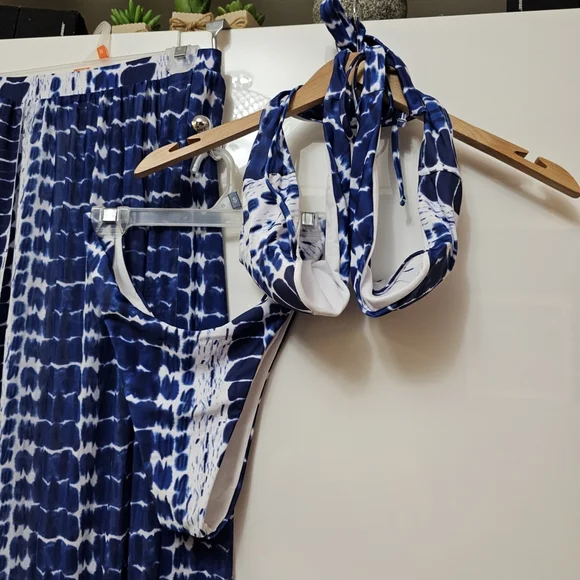 New 3 Piece Criss Cross Tie Dye Bikini Set with Maxi Skirt Cover-Up - Picture 4 of 5